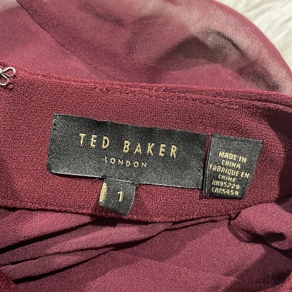 Ted Baker Cacey Embellished Neck Sheer Long Sleeve Maroon Sheath Dress - Picture 3 of 11